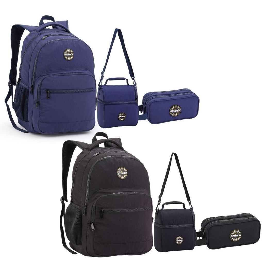 Kit Mochila Lancheira Estojo em Crinckle Laptop Shock