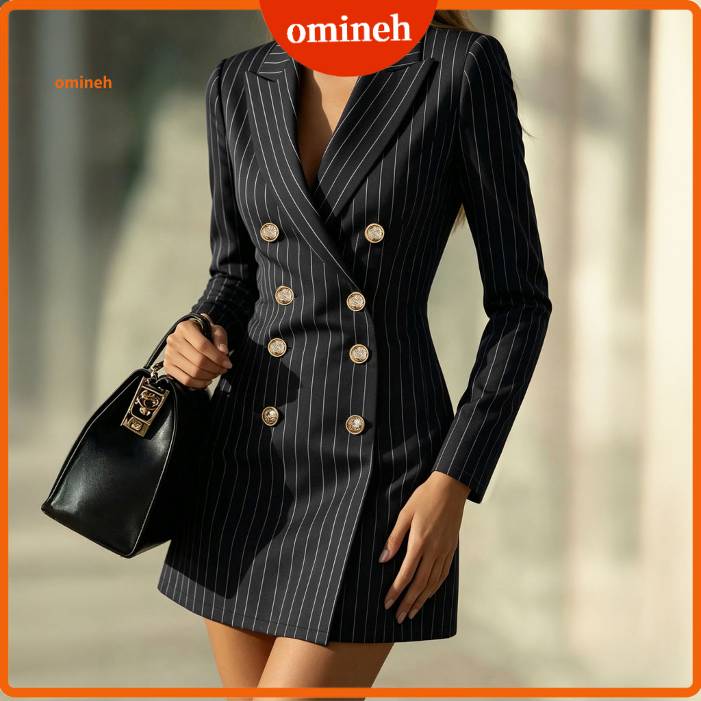 Striped Blazer Dress Lapel Collar Women’s Double-breasted for Fall Slim Fit Cinched Waist Mini with for Work