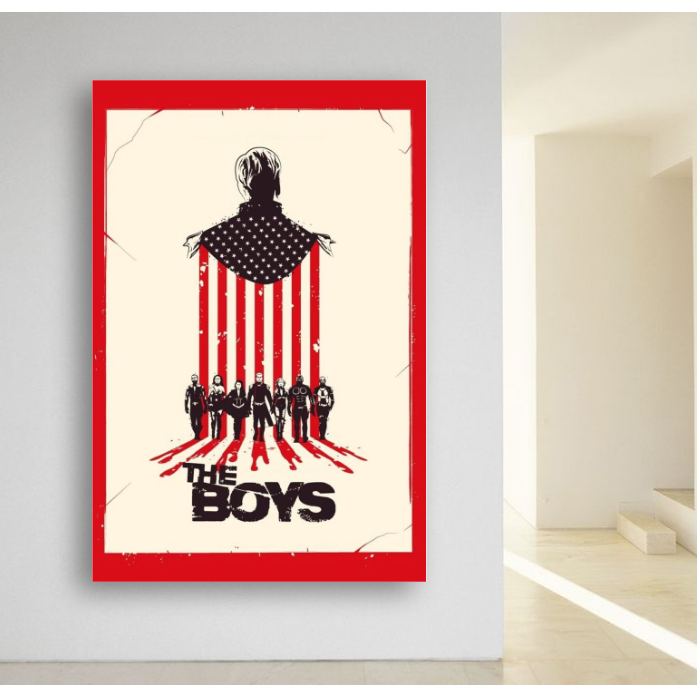 Quadro Decorativo The Boys Capitão Pátria Homelander Capa Listras Tons Vermelho Sala Hall Quarto