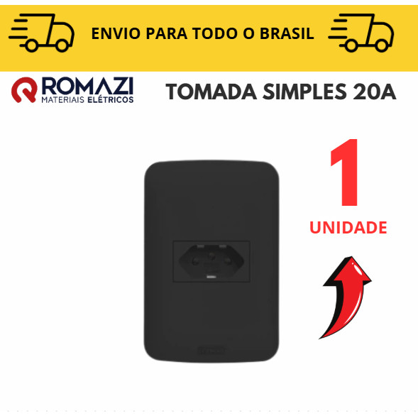 Tomada Simples 20A linha canoa black romazi / 10A / 20A / Paralelo / Tomada Preta