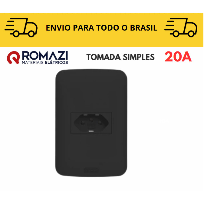 Tomada Simples 20A linha canoa black romazi / 10A / 20A / Paralelo / Tomada Preta