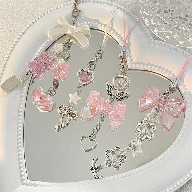 Pingente De Sapatos De Dança Pearl Bow hairball Cordão De Fita Rosa Feminino Para Telefone Celular Estojo Y2K