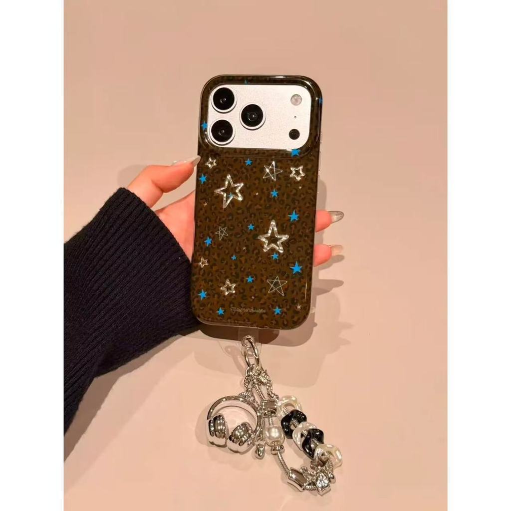 Capa Para iPhone 17 Leopard Star Metal Pearl Chain Y2K Spicy Girl