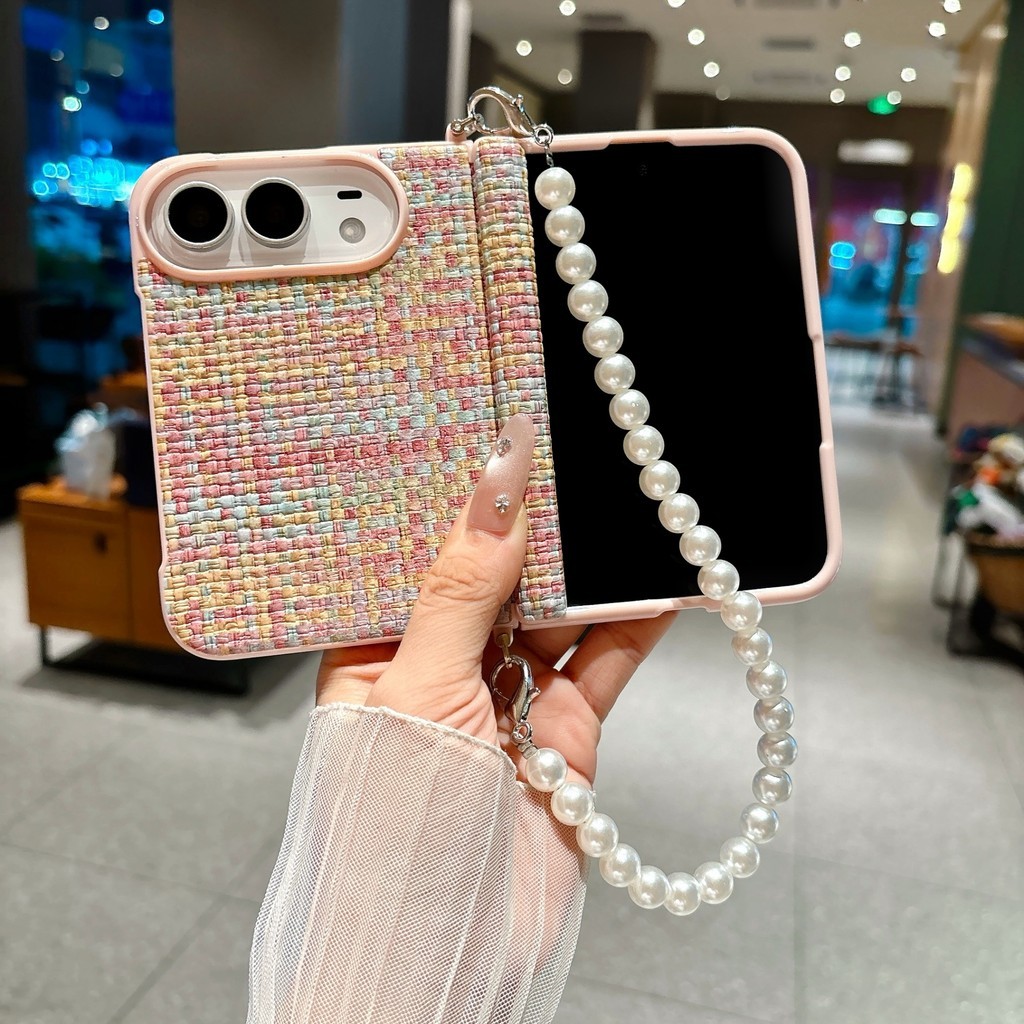 Capa de telefone portátil tecida de luxo leve adequada para iPhone DUO Pearl Chain com tudo incluído capa protetora resi
