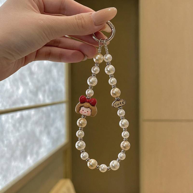 INS Anti-Lost Stringed Pearls Cute Cartoon Pendant Mobile Phone Charm Girly Heart Decoration Key Chain Accessories B8T4