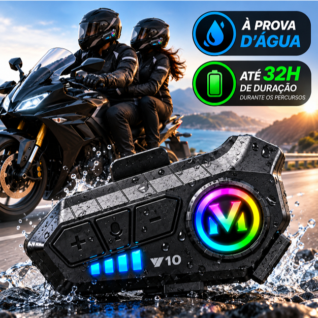 Fone tipo Intercomunicador Moto Capacete Tipo V6 Bluetooth Moto Y10 RGB LED Assistente de Voz Músicas Alta Qualidade