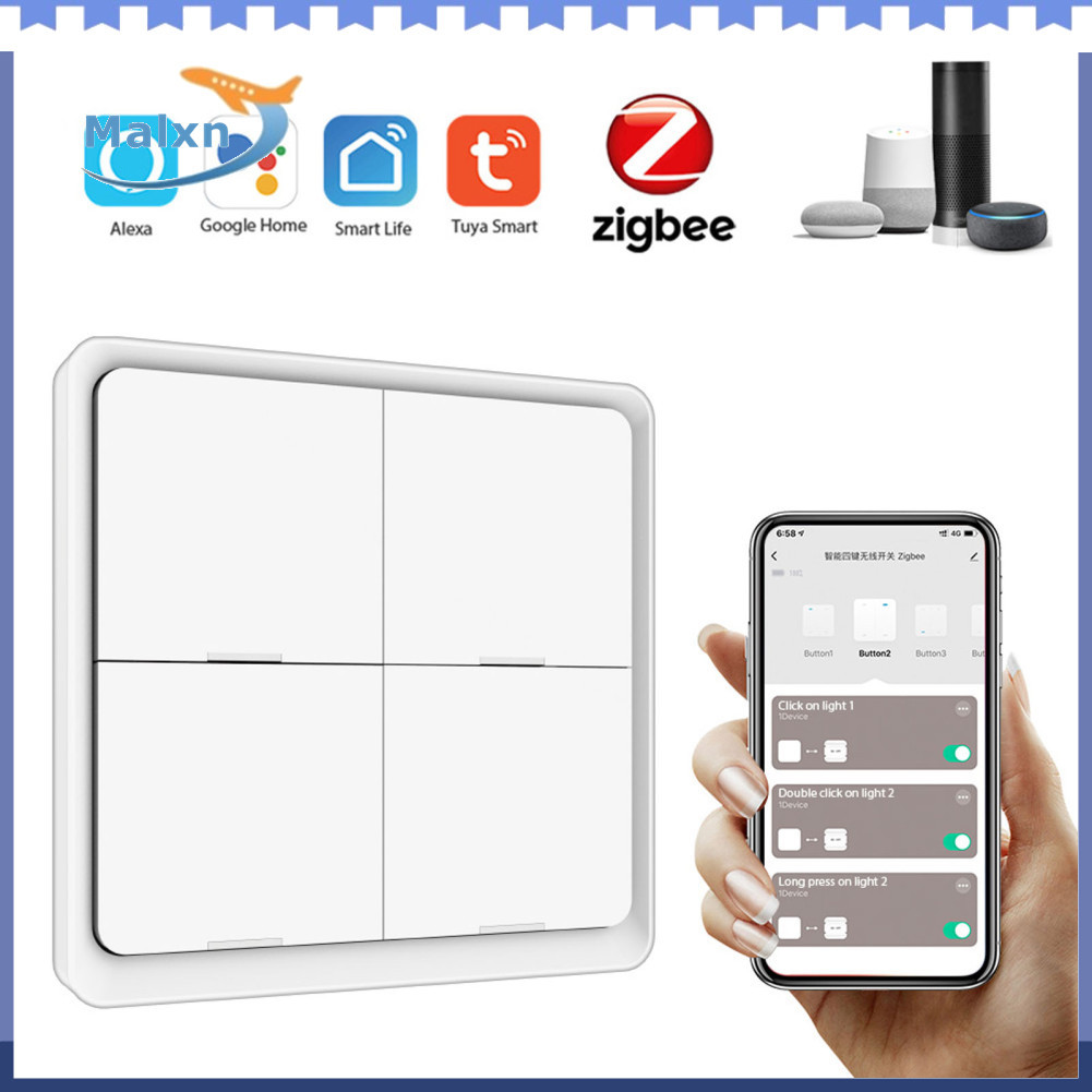 Malxn-br Tuya ZigBee Wireless Smarts Scene Switch 4 Gang Scenario Road Slab Keys Automação de assistente residencial