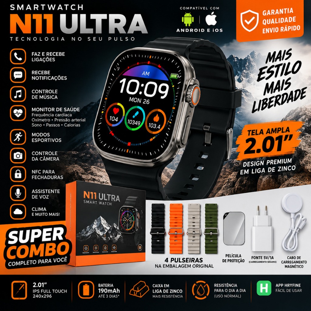 Smartwatch N11 Ultra 4 Pulseiras Chamadas Bluetooth NFC Tela 2.01 Android iOS + Brinde