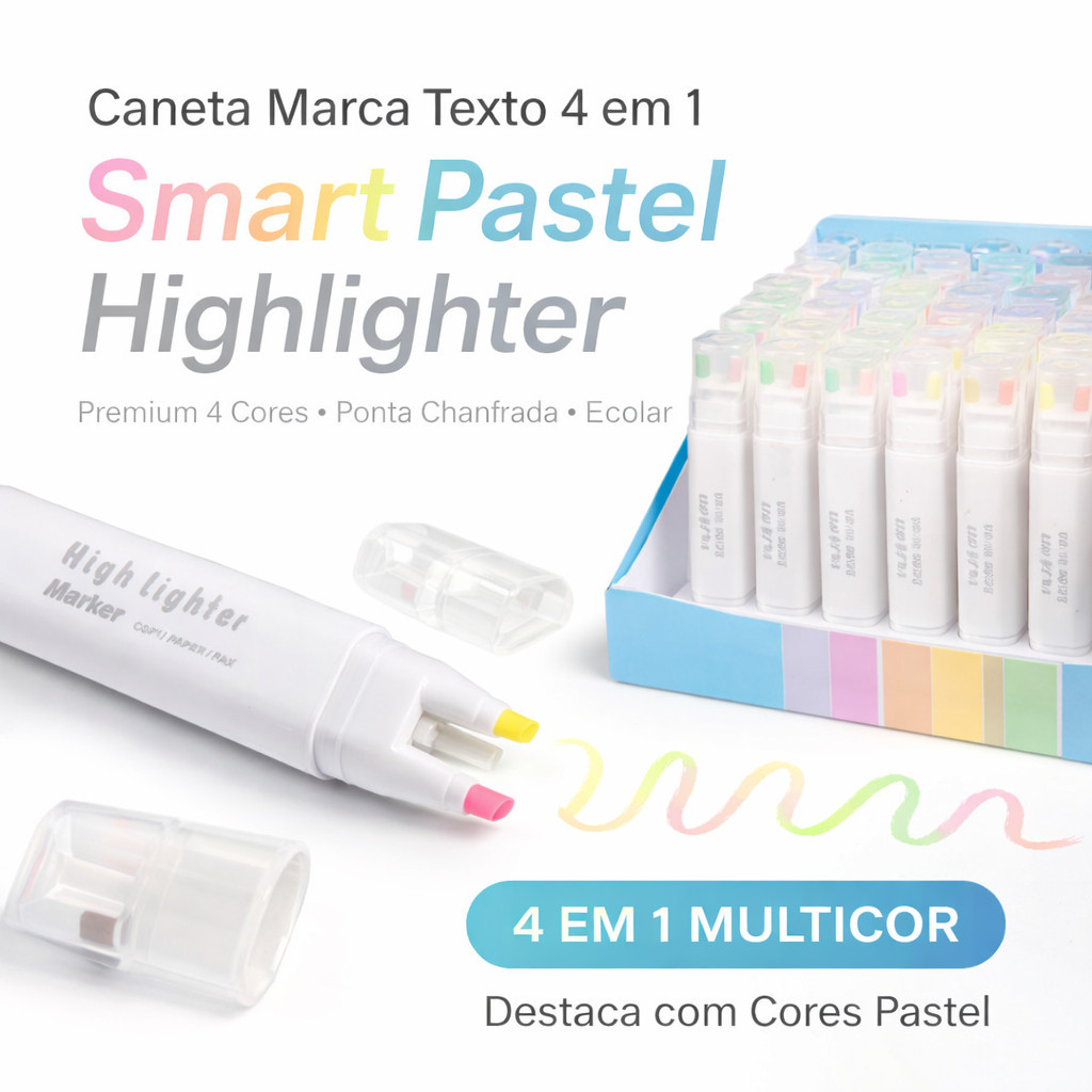 Caneta Marca Texto  Smart Pastel Highlighter Premium 4 Cores Ponta Chanfrada Escolar
