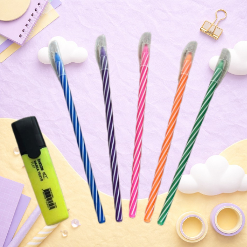 Kit Papelaria: 5 Canetas Jocar Wow Fun 0.7 Coloridas + Marca Texto Bazze Flat + Bloco Adesivo BRW Smart Notes