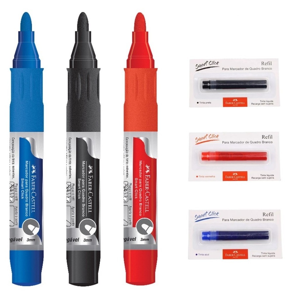 Marcador Para Quadro Branco e Vidro Faber-Castell Recarregável + Refil Smart Click