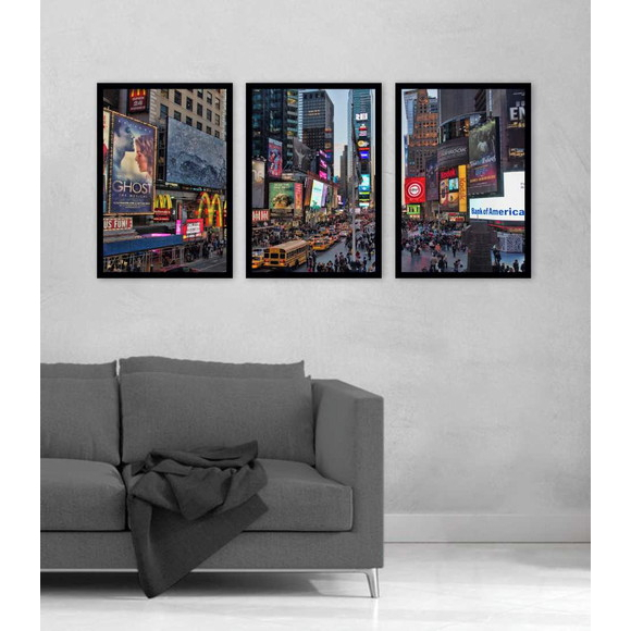 Quadros Decorativo Mosaico 90X50 3 peças Mdf Alta Resolução Full HD Times Square Nova York Usa Estrada