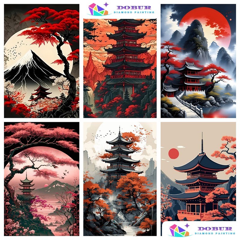 DOBUR | Conjunto Pintura Com Diamante Paisagem Pavilhão Chinês Estilo 5D DIY Round/Square Full Drill Canvas Artesanato G