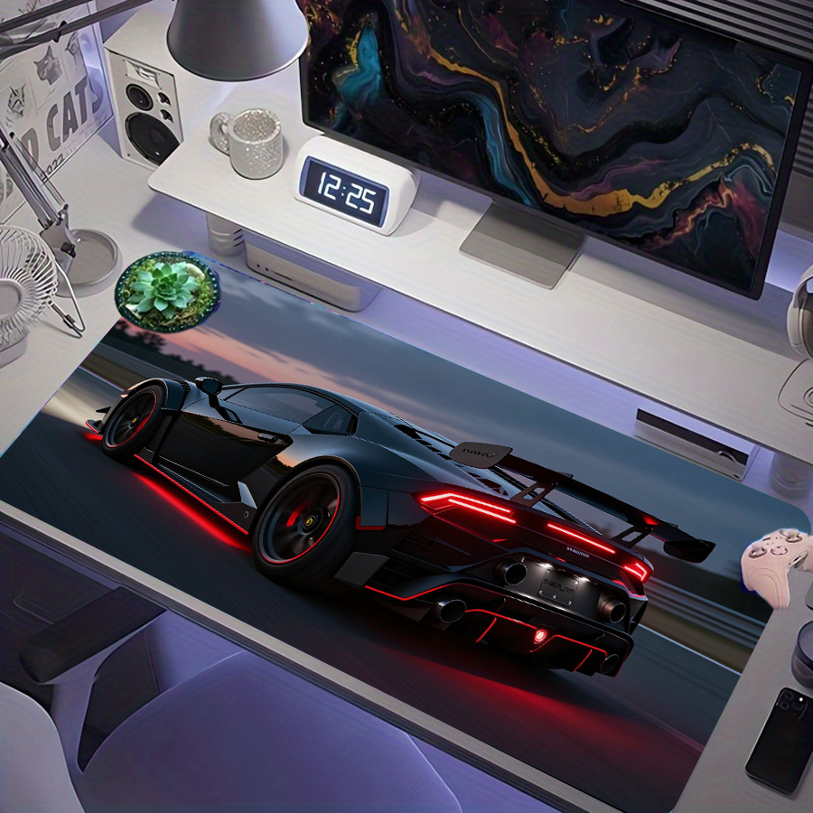 Carro Esportivo Lamborghini Preto Luz Traseira Vermelha LED Estrada ao Pôr do Sol Tapete de Mouse Gaming Estendido, XXL