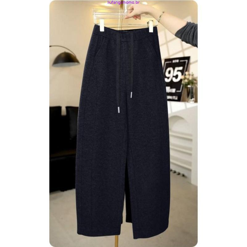 Women's new curved-leg pants for spring, autumn, and winter, fleece-lined, loose-fitting, slimming, casual wide-leg pant