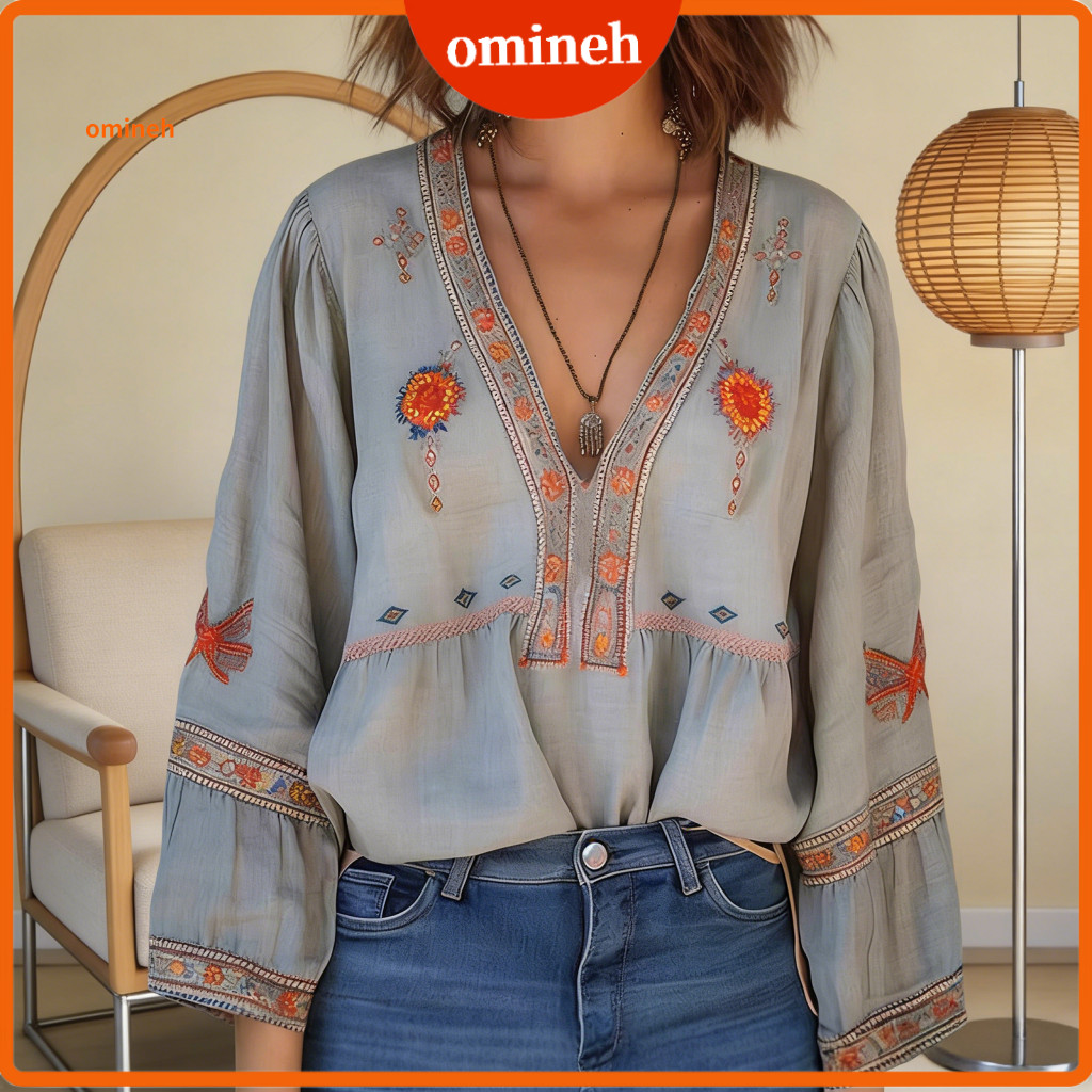 Tops Neck Slimming Blouse Women’s V Dropped Shoulder Sleeve Curved Hem Shirt Lightweight Layering Top for Wear Stylish