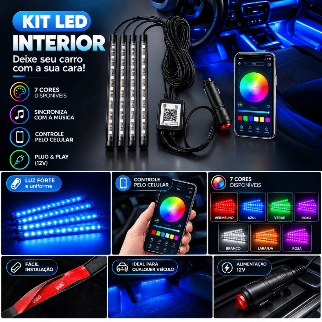 Kit LED RGB Interior Automotivo 4 Barras Luz Ambiente Controle Celular Bluetooth 12V Sincroniza Música Multicolorido par