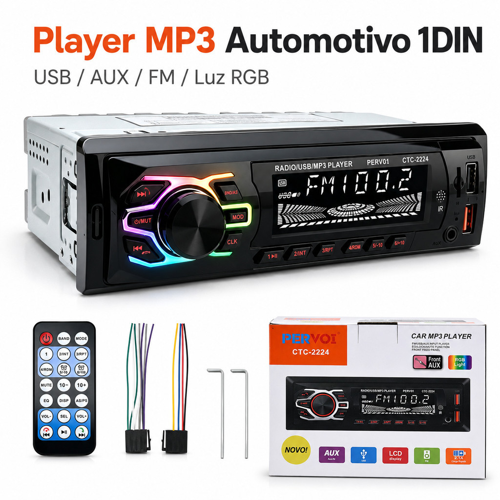 Rádio Automotivo MP3 CTC-2224 Bluetooth 12V Luz RGB 4 Canais 80W