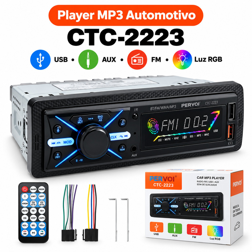 Radio Automotivo Bluetooth MP3 Player Alta Potência 4 Canais 12V RGB