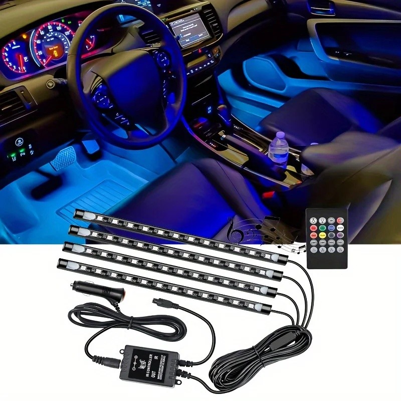 Kit Para Iluminação Interior Carro Luz Led Neon Rgb C/controle Sensor Rítmico 12v 4 Faixas de Luz