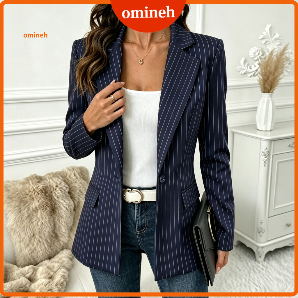 Lapel Collar Coat Office Blazer Women’s Striped One Button Business Jacket Breathable Long Sleeve Notch for Fall Workw