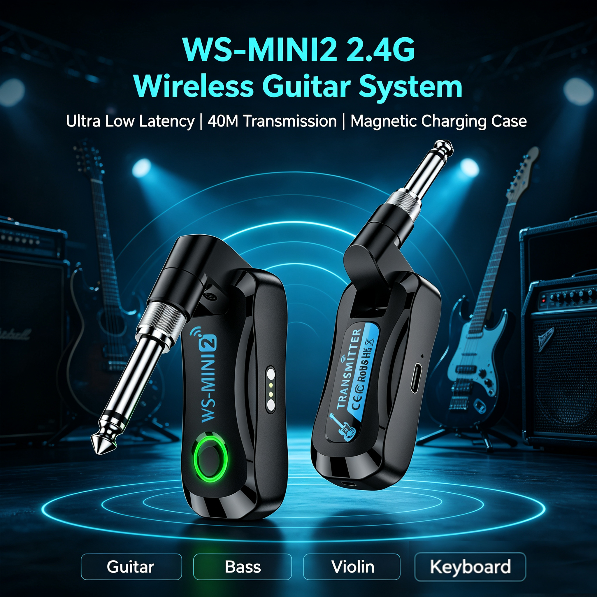 Miwayer WS MINI2 2.4G Transceptor De Guitarra De Baixa Latência Caso De Carregamento Magnético Transmissão De 40M Para G