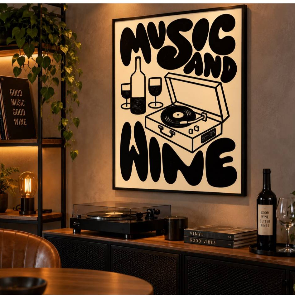Quadro Decorativo Music and Wine Vintage – Música, Vinho e Vitrola Retrô para Bar, Adega e Área Gourmet