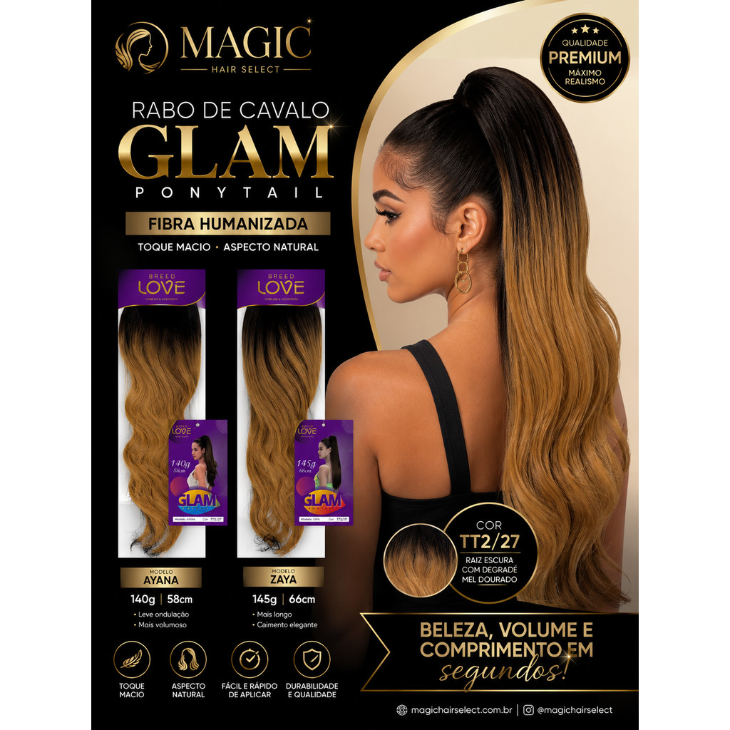 Rabo de Cavalo Glam Ponytail Breed Love Fibra Humanizada 140gr TT2/27 58-66cm | Modelos Ayana e Zaya
