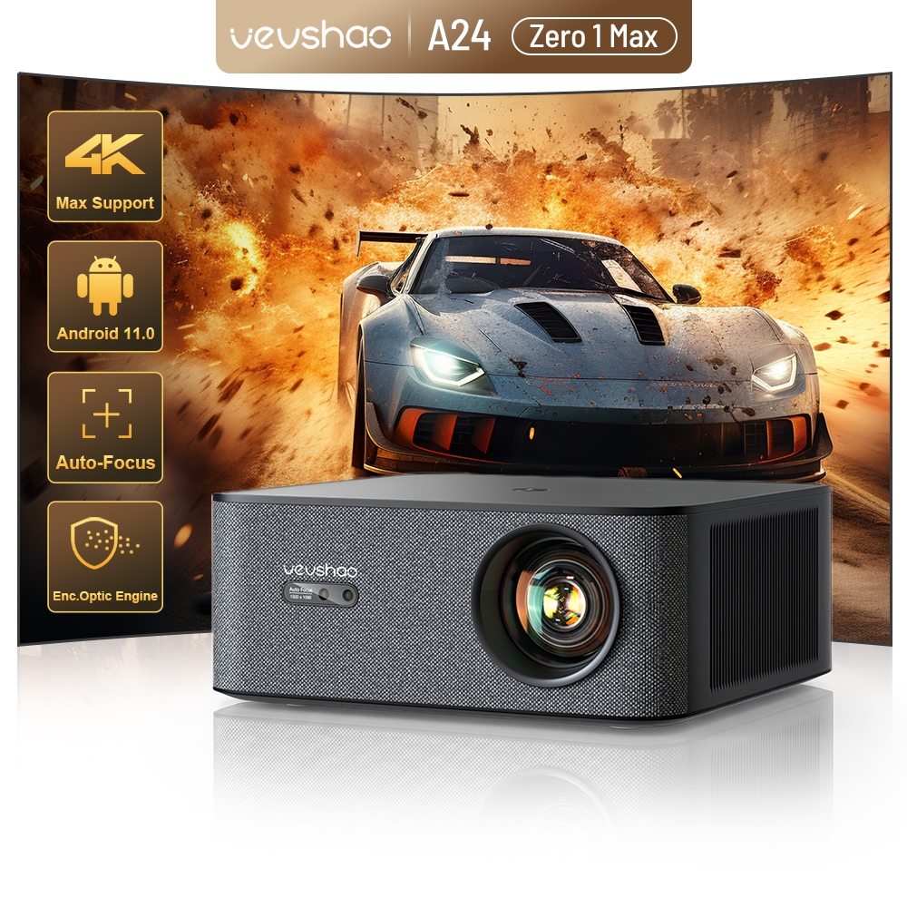 Projetor VEVSHAO A24 Zero 1 Max 1080P 1700 ANSI Google TV 4K Foco Automático Keystone