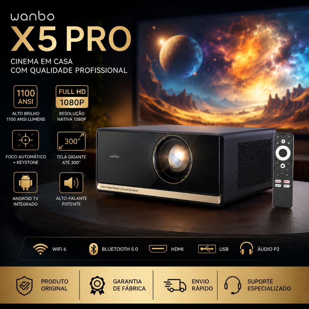 Projetor Inteligente Wanbo X5 Pro 2026 1100 ANSI 1080P Nativo Suporte 4K HDR Google TV Netflix Oficial Som 2x