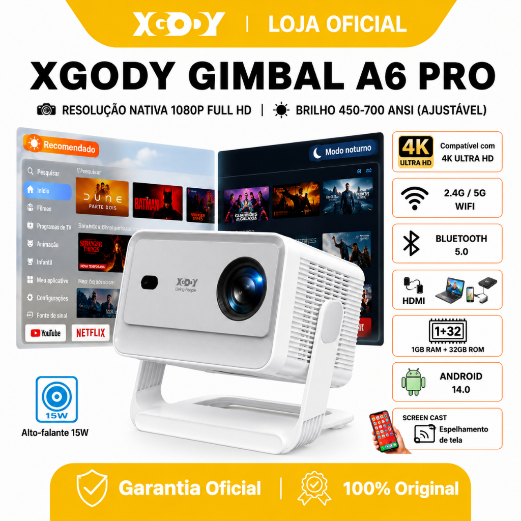Projetor Smart 4K XGODY A6 PRO Full HD 1080P Nativo 700 ANSI com Google TV Netflix Oficial Android 14.0 20000 Lumens