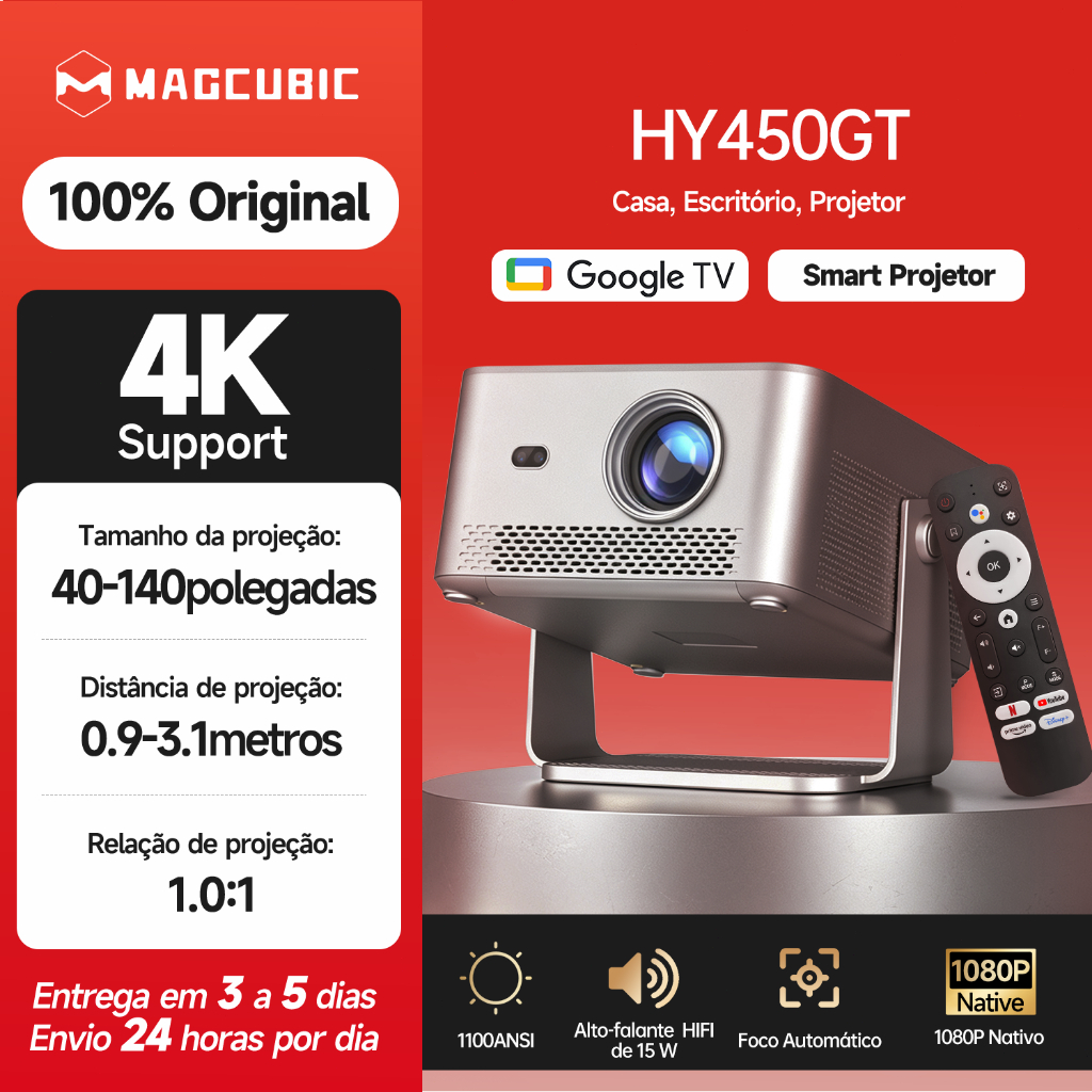 Magcubic Projetor HY450GT 1100ANSI 1080P Nativo Foco Automático Google TV WIFI5 Smart Projetor
