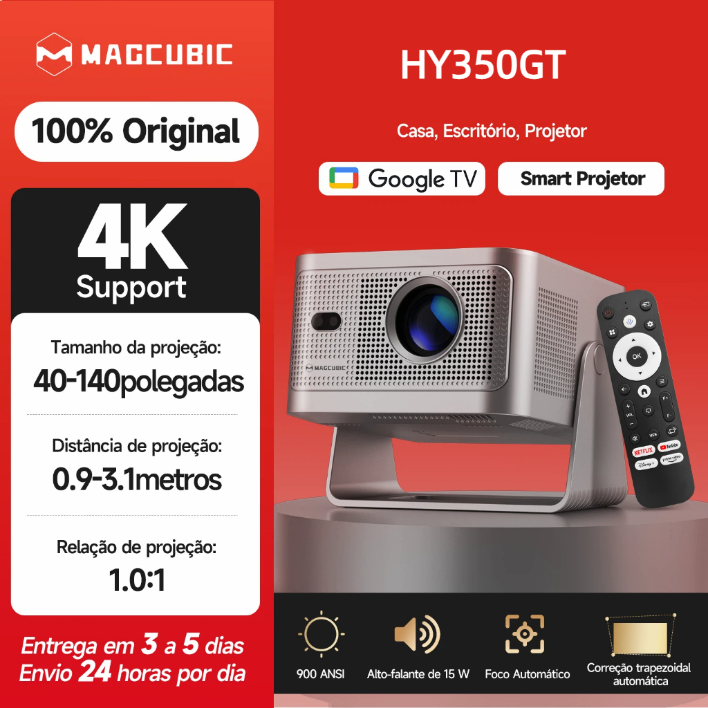 MAGCUBIC Projetor HY350GT Google TV OS Oficial Netflix YouTube 1080P Full HD Suporta 4K HDR10 HLG
