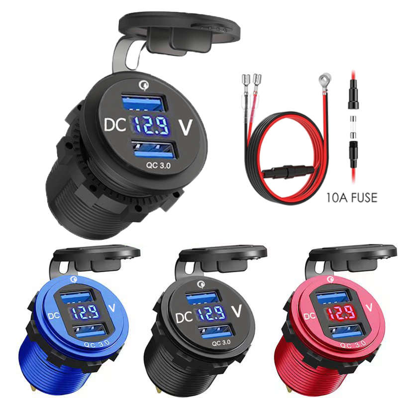 Novo Carregador de Carro em Alumínio 12/24V 36W QC3.0 Dual USB Tomada à Prova d'Água com Interruptor de Voltmímetro
