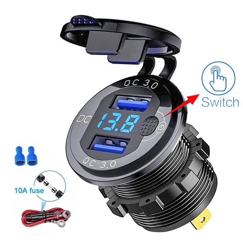 Carga Rápida Do Carro QC 3.0 36 W À Prova D'água Dual USB Charger Soquete Com Interruptor Voltímetro Para 12 V/24 Motocicleta ATV Barco Caminhão