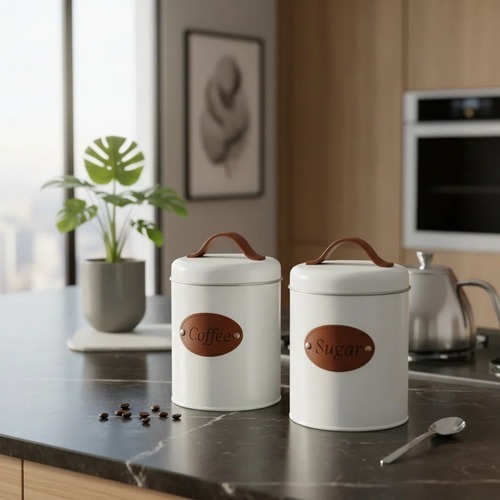 Kit 2 Latas Para Mantimentos Minimalista Coffee e Sugar Alça de Couro Café e Açúcar