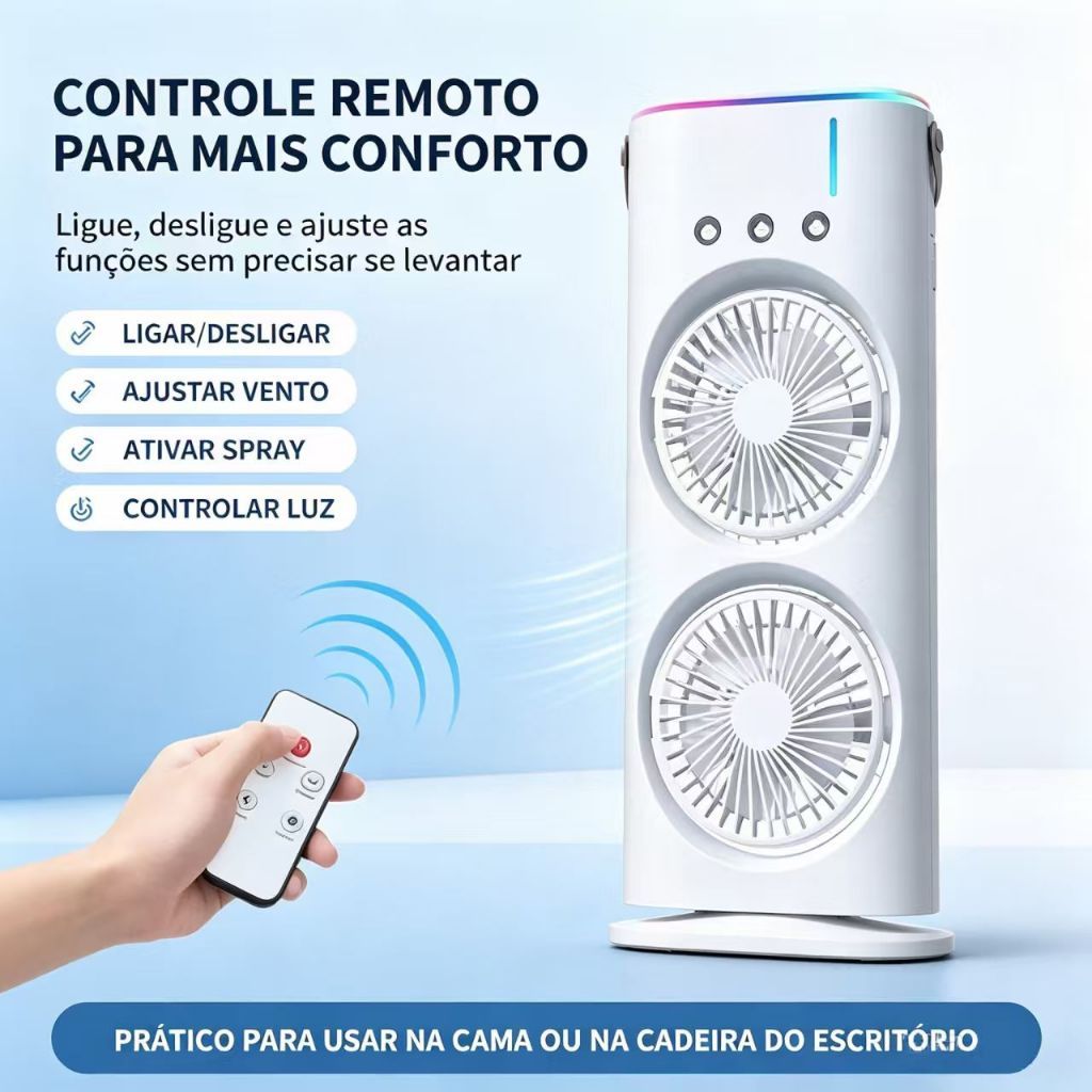 Ventilador portátil de torre dupla com spray de água, umidificador, luzes LED coloridas e controle remoto