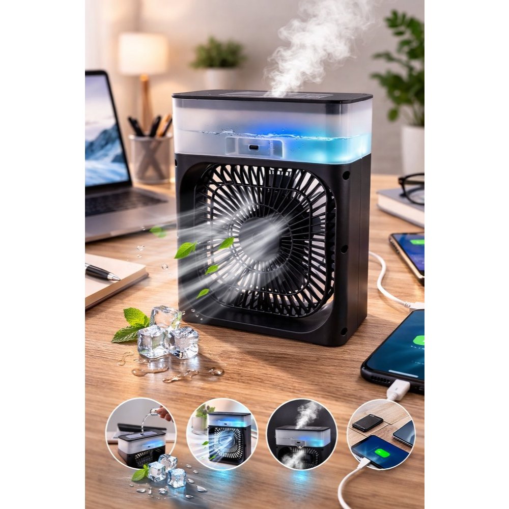 Ventilador Climatizador Portátil USB Recarregável com Spray de 5 Furos, Umidificador com Luz LED
