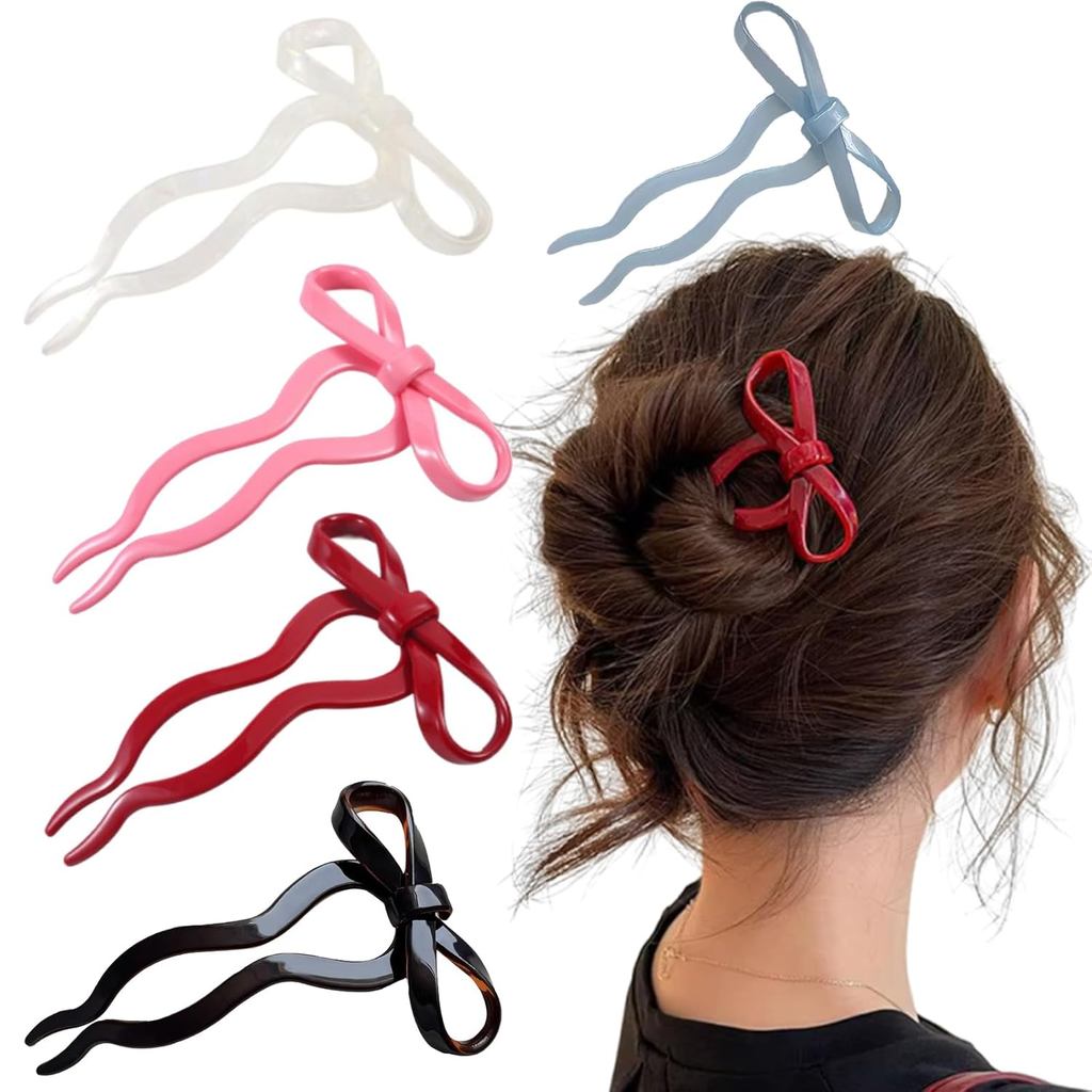 5 Pack French Hair Pin, 4.1inch Acetate Hair Pins for Women, Bow Hairpin, French hairpin Bow U Shaped Hair Forks Decorat