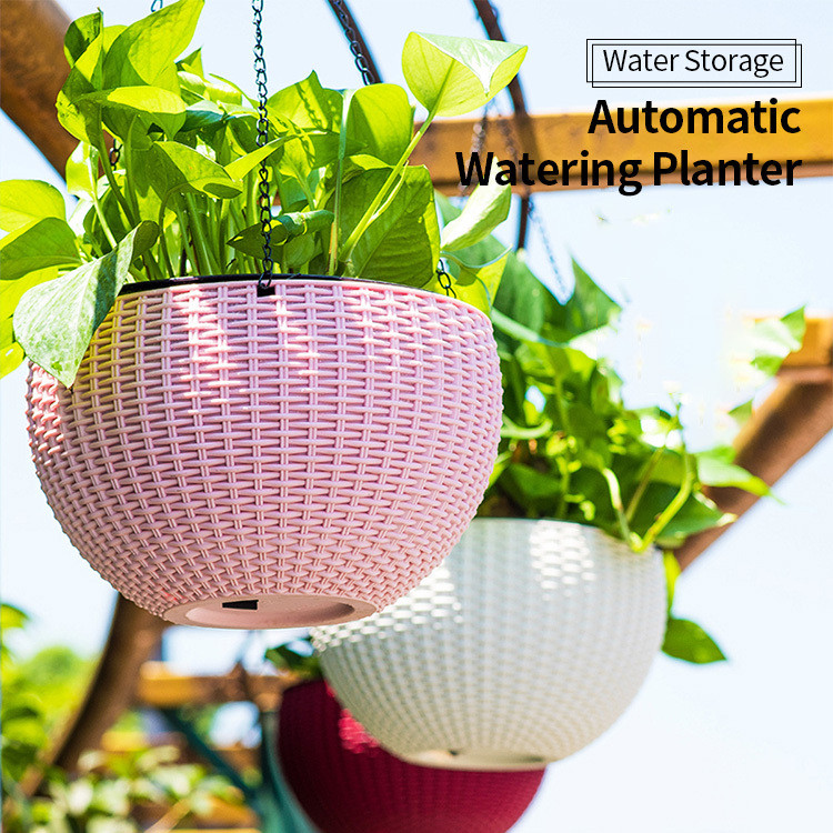 [Self-Watering Feature] Vaso de flores suspenso com design em vime Hanging Flower Pot/Plastic Planter/Indoor Decoration