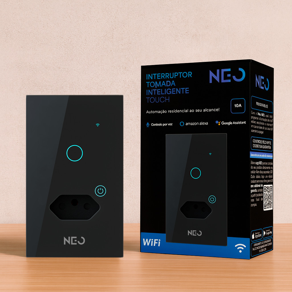 Interruptor com Tomada Smart Wifi 2.4GHz Alexa google 1 2 Botões 4x2 Bivolt Preto Branco Neo Avant