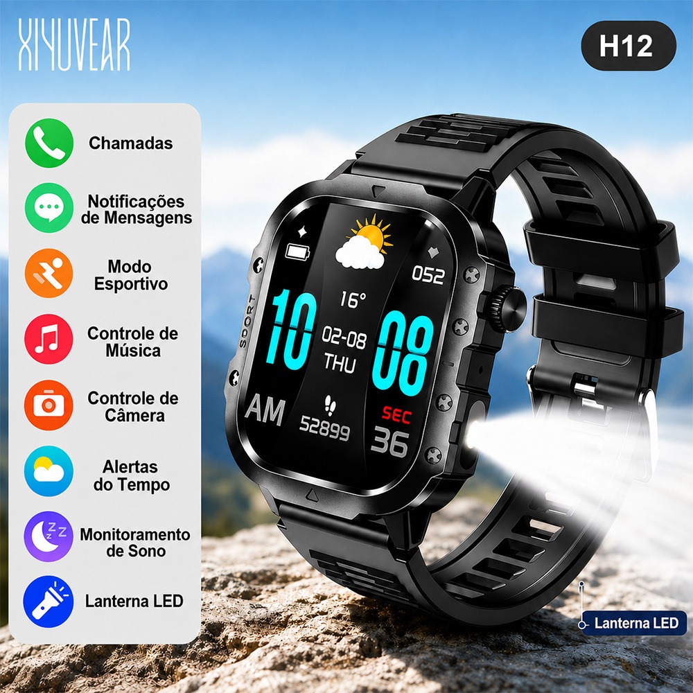 Smartwatch H12 Lanterna LED Chamadas Bluetooth Tela 2,01