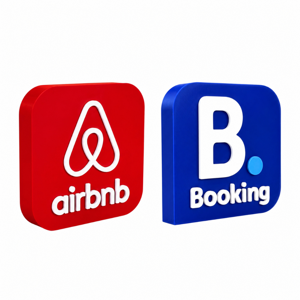 Kit 2 Placas Decorativas Ícones Airbnb E Booking em 3D Turismo Hotel Agência de Viagem