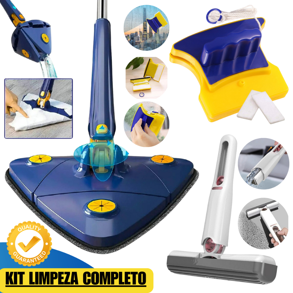 Mop Limpeza Triangular Giratório + Mini Rodo Portátil + Limpador Magnético Limpeza Completa