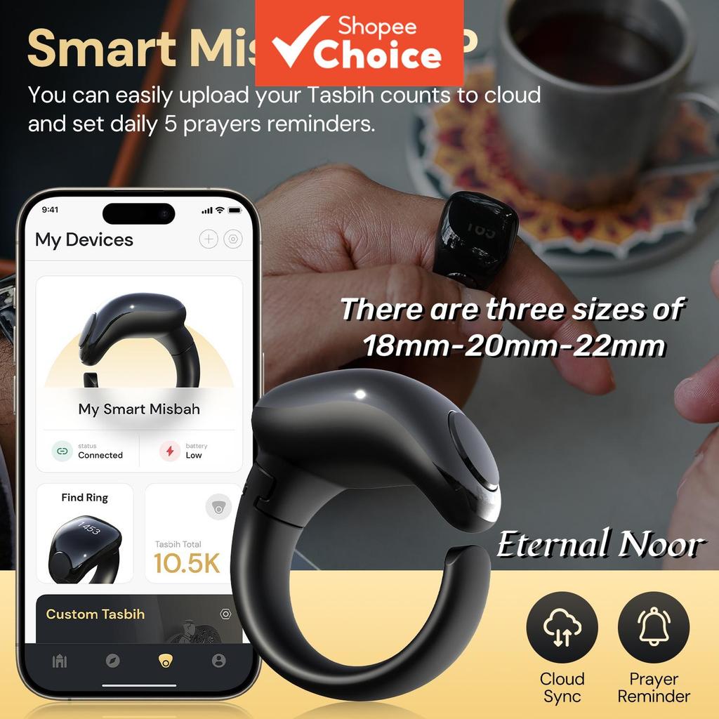 Anel de Tasbih Inteligente iTasbih Salam+, Contador Digital de Zikr Muçulmano, Toque Silencioso, Multi-idioma, Alerta de