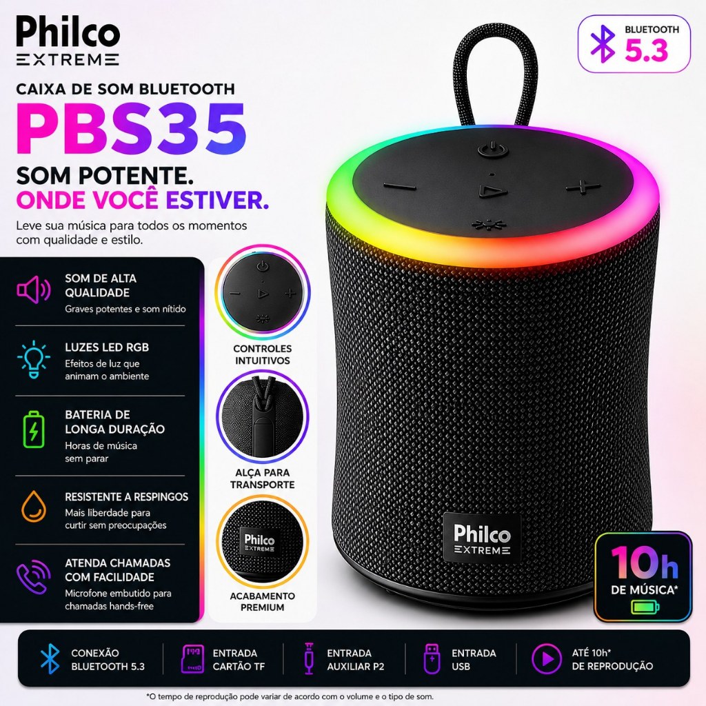 Caixa de Som Bluetooth Philco PBS35 35W Portátil Flash Light IPX6 USB Preta