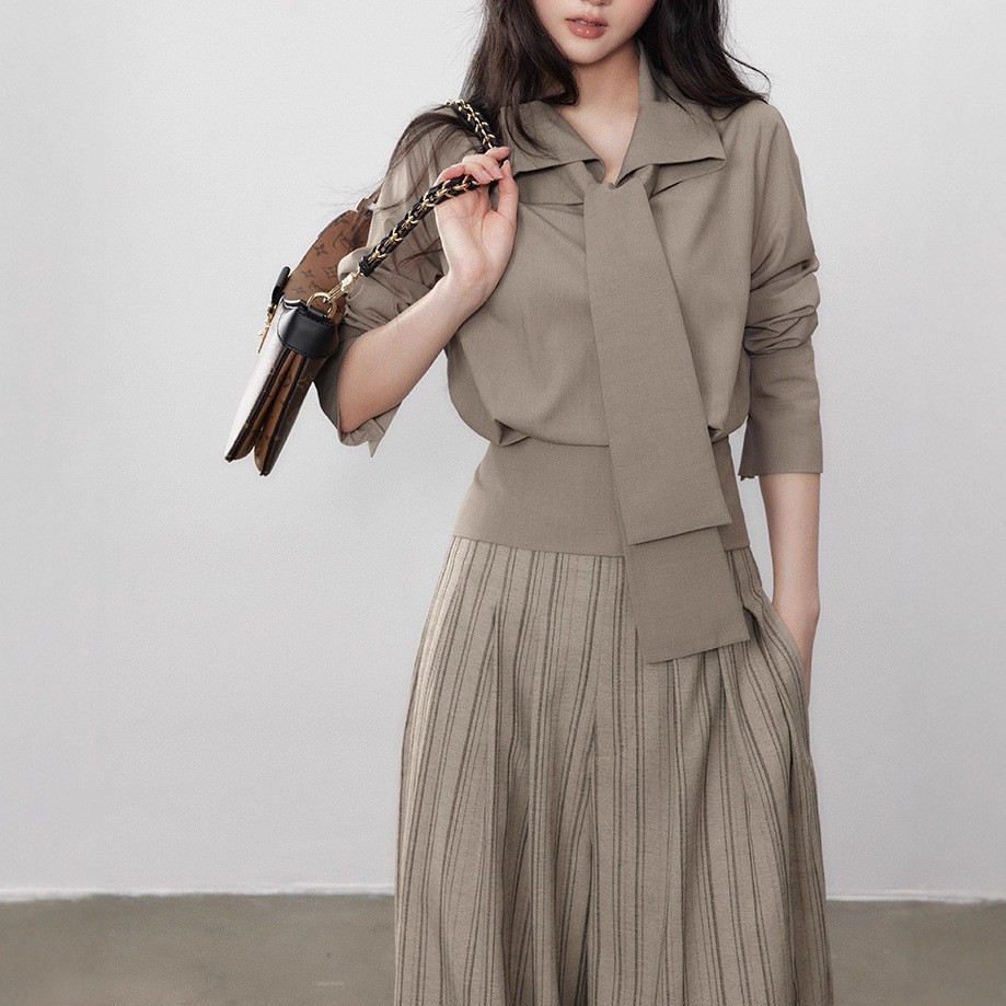 Casual and loose-fitting autumn workwear versatile lace-up elegant simple slimming long-sleeve women's shirt