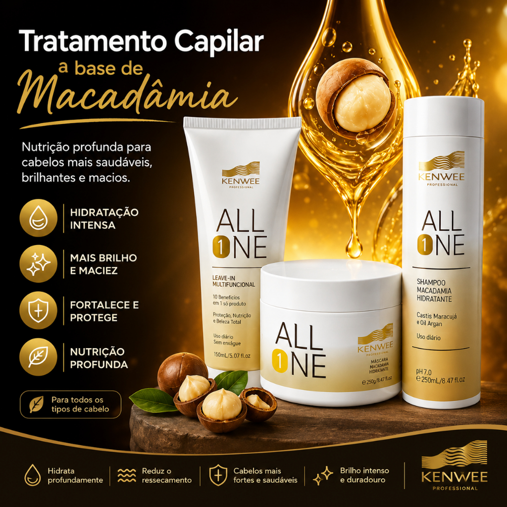 Tratamento p/ Cabelos Danificados All One Kenwee - Shampoo Máscara e Leave In