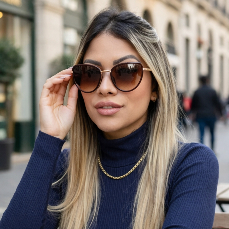 Óculos de Sol Gatinho Feminino Cat Eye UV400 Vintage Retrô Clássico Armação Metal Finoti