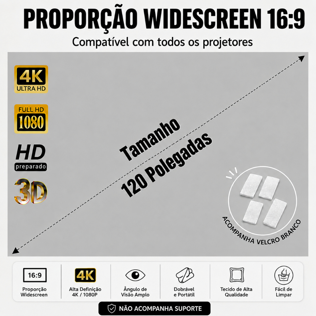 Tela Projetor Portátil Refletiva 120 Polegadas 4K Full HD 16:9 Dobrável Antirreflexo Eye-Protection